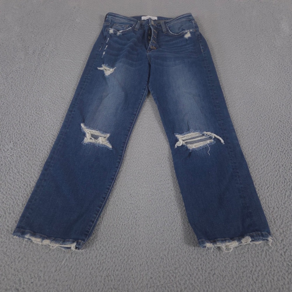 Flying Monkey Jeans Women 27 Blue Straight Leg Button Fly Distressed Raw Hem